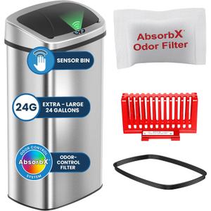 iTouchless 24 Gallon Extra Large Touchless Sensor Trash Can with AbsorbX Odor Filter, 91L Commercial Stainless Steel Automatic Kitchen Bin for Home, Office, Restaurant, Commercial Lobby, Store