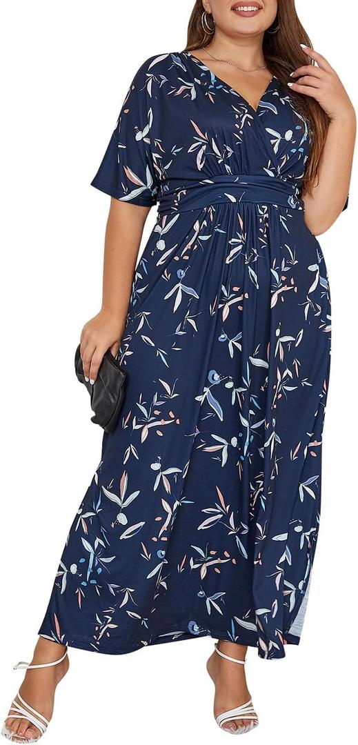Keluummi Plus Size Wedding Guest Maxi Dresses for Curvy Women, Summer Formal Floral V Neck 3/4 Sleeve A Line Long Party Dress (Blue)