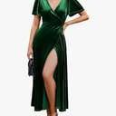 Simplee Women's Formal V Neck Wrap Short Sleeve Velvet Maxi Dress Elegant Bell Sleeve Slit Party Long Dresses XL