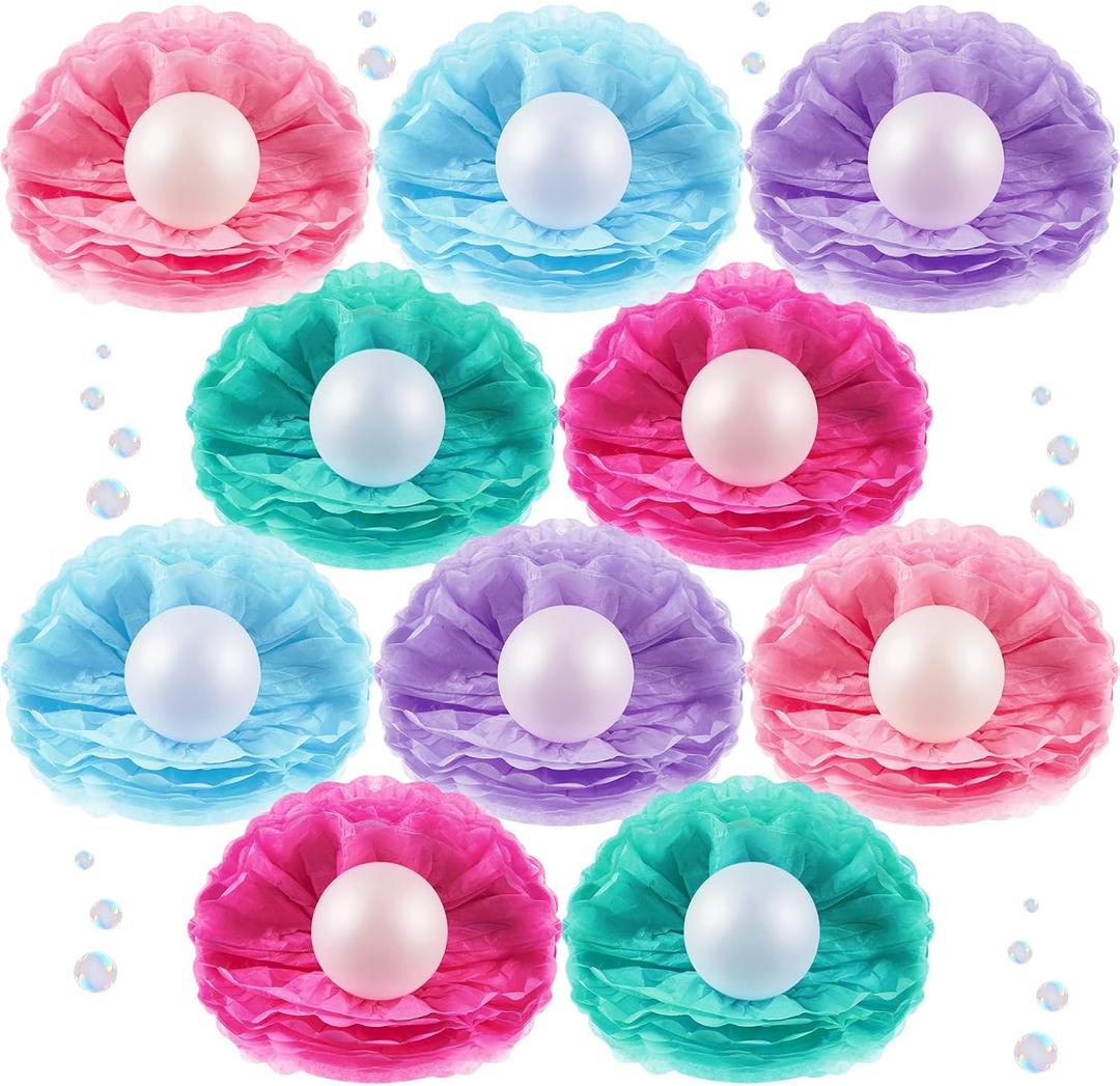 10 Pcs Mermaid Table Centerpiece Mermaid Birthday Honeycomb Centerpieces Under The Sea Party Table Mermaid Colorful Shell Pearl Decoration for Mermaid Theme Birthday Baby Shower Party