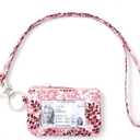 WONDERFUL FLOWER Lanyard Wallet for Women, ID Card Holder, Lanyards for ID Badges, Floral Zip ID Case Keychain Small Coin Purse Cards, Cash, Work, Travel, Cruise, Teachers, Students, Kids, Pink Leaves
