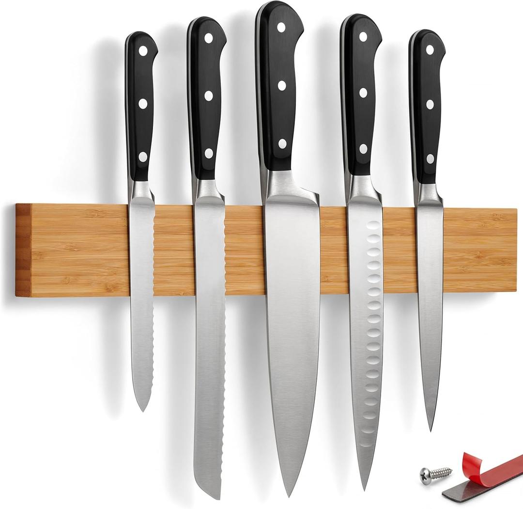 LARHN Magnetic Knife Holder for Wall or Fridge - No-Drill Bamboo Knife Magnetic Strip, 16 - Renter Friendly (40 cm / 16 (Self-adhesive + Fridge))