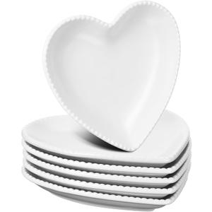 Meanplan 6 Pcs Heart Shaped Plates Ceramic 6.9 Inches Salad Ceramic Graduation Plates Dinner Heart Shaped Serving Dish Dessert Elegant for Kitchen Steak Snacks(White)