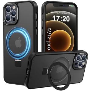 PuyaTeya Compatible with iPhone 12/12 pro Case with Magnetic Ring Stand, Military Drop Protection, Anti-Scratch/Anti-Fingerprint Translucent Matte Phone Case for iPhone 12/12 pro (Black)
