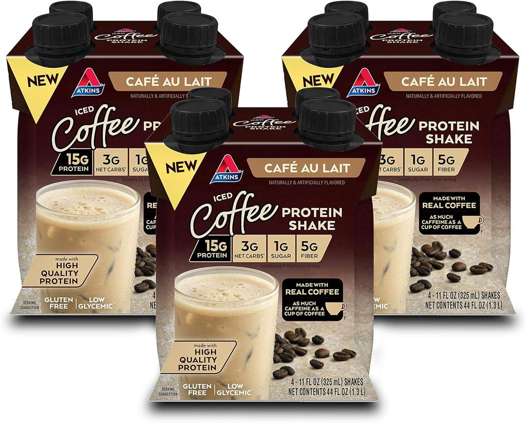 Atkins Caf au Lait Iced Coffee Flavored High Protein Shake, Low Sugar and Low Carb, Keto Friendly, Ready to Drink Protein Drink, Gluten Free, 12 Count BB Date: 8/12/26
