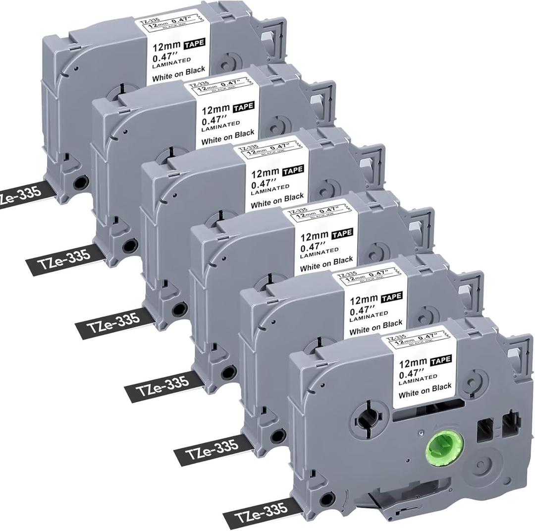 6-Pack TZe-335 Label Tape White on Black Replacement for Brother TZe335 TZ-335 P Touch Label Tape 12mm 0.47 Laminated TZe TZ Tape Work with Brother PT-D210 PT-D220 PT-H110 PT-H100 D400AD Label Maker