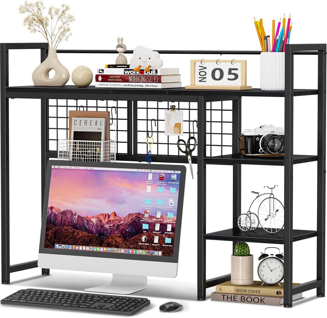 Snughome Desk Shelf, 38.6" Desktop Organizer Shelf, Desk Hutch for Computer Monitor, 4 Tier Desk Display Rack with Pegboard Hooks Set, Wood Desktop Bookshelf for Home Office Dorm, Black