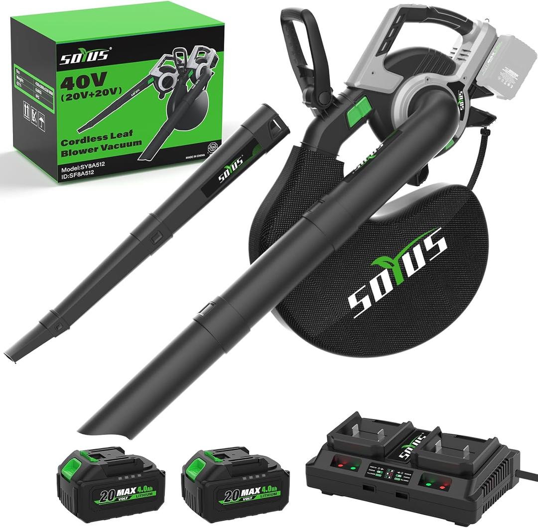 Cordless Leaf Blower & Vacuum SOYUS 3-in-1, Leaf Vacuum Mulcher 385CFM with Brushless Motor & 5 Speed Control, Electric Leaf Blower for Lawn Care, Included 45L Bag 2 x 20V 4.0Ah Battery and Charger