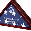 Personalized DIY Flag Case for Burial Flag by Yourself, Glass Front Walnut Display Case for Memorial 5'x9.5' Flag, Custom Name Wood Shadow Box for Military, Metal Letters and Logo Stickers Wall Mounted