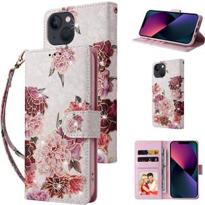 UEEBAI Wallet Case for iPhone 13, PU Leather Phone Cover Kickstand RFID Blocking Flip Case Card Slots Wrist Strap Relief Engraved Pattern Magnetic Closure Flower Folio Wallet, White Flower
