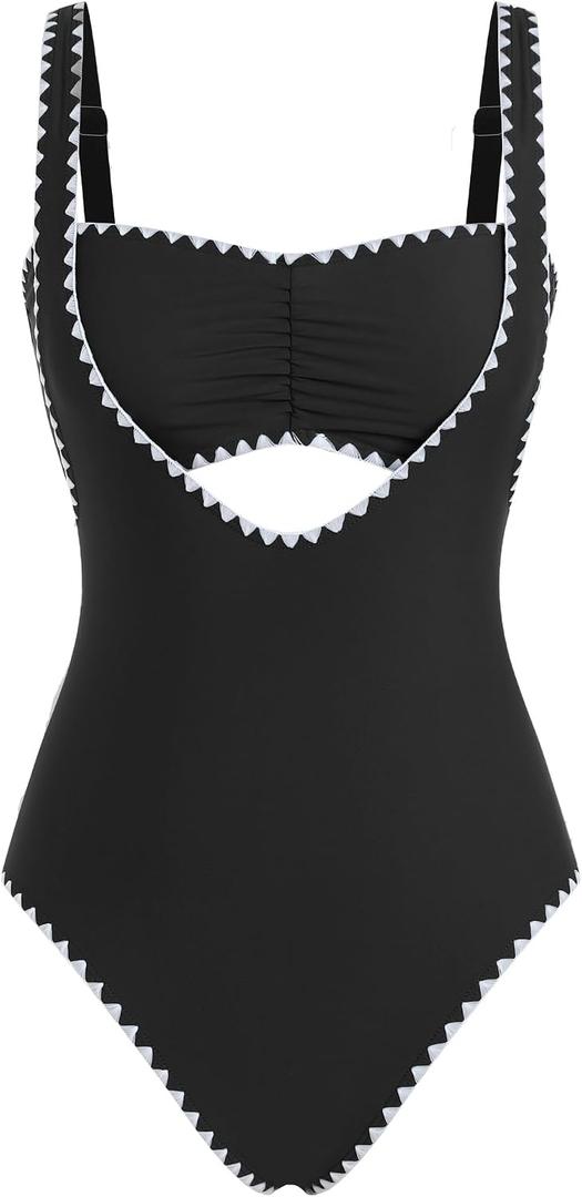 ZAFUL Bikini Sets for Women Color Block Ruched Bandeau Bikini V Neck Tummy Control Swimsuit Romper 2 Piece Bathing Sui, L