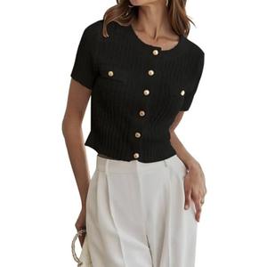 LUXVEER Women Summer Cropped Sweater Cardigan 2025 Short Sleeve Button Down Shirts Dressy Casual Knit Sweater Tops XL
