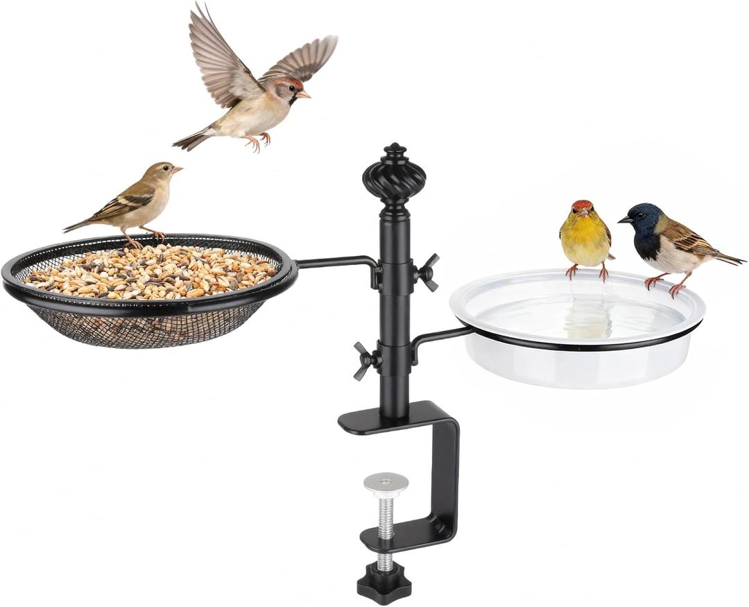 Deck Bird Feeders with Metal Tray and Water Bowl, BOLITE Balcony Bird Feeders Detachable Adjustable Heavy Duty Clamp Bracket, Attracting Birds, Black, Gifts for Women Men