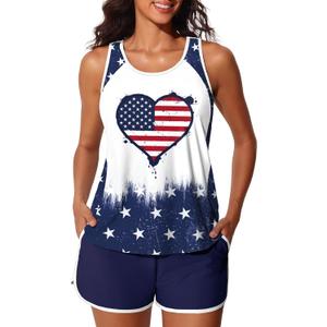 Summer Mae Blouson Tankini Swimsuits for Women 2026 Tummy Control Two Piece Bathing Suits with Sporty Pockets Swim Shorts Flag of Hearts, Size 12