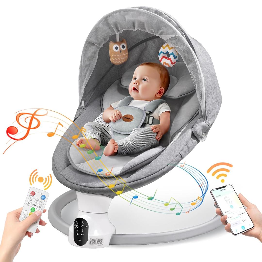 Baby Swings for Infants - Exclusive App & Bluetooth Function, Electric Baby Swing with 5 Point Harness & 5 Sway Speeds, 10 Preset Lullabies, Portable Infant Swing for Indoor/Outdoor (Light Gray)