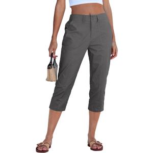 GRAPENT Capri Pants for Women High Waisted Relaxed Fit Elastic Waist Casual Capris Trousers Crop Chino Pants with Pocket, Medium 