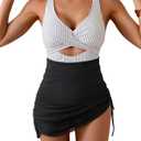 B2prity Women Mesh One Piece Swimdress Swimsuit Tummy Control V Neck Cutout Bathing Suit Wrap Drawstring Sarong Swimwear, Size XL