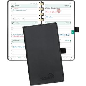 POPRUN 2026 Pocket Planner (Slim Size 3.5'' x 6.5'') Weekly and Monthly Calendar for Purse, with Hourly Time Slots, 100GSM Thick Paper, Spiral Soft Cover, Pen Holder, TJ - Black