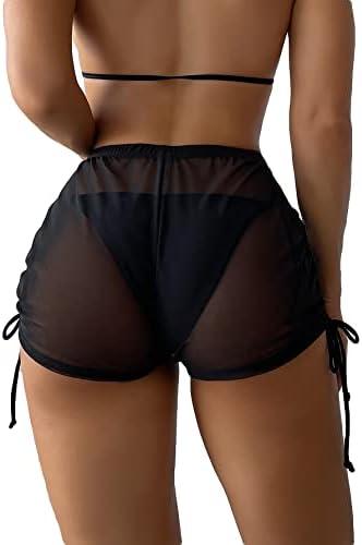 Falainetee Women's Drawstring Side Mesh Sheer Beach Summer Cover Up Shorts Bikini Bottoms L