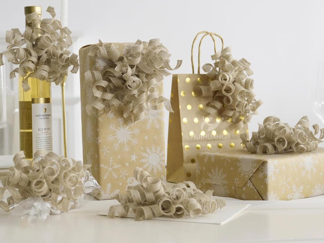 HUIHUANG Burlap Gift Bows Curly Bows for Gift Wrapping Self Adhesive Burst Gift Bow for Baby Shower, Wedding, Birthday Party Favors, Christmas Presents - 5 inch x 6 Counts