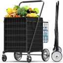 5.7 Cu Ft Folding Shopping Cart - 600 LB Capacity Grocery Cart with 360 Braked Swivel Wheels - Heavy Duty Utility Cart with Double Basket & Removable Waterproof Liner with Lid for Laundry