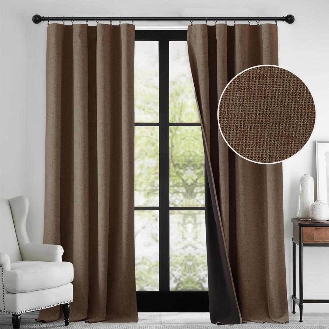 RYB HOME 100% Blackout Linen Textured Curtains 96 inches Long, Thermal Insulating Privacy Energy Saving for Bedroom Living Room Window Office Theater Dining Nursery, W 52 x L 96 in, Coffee, 2 Panels