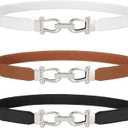 WERFORU 3 Pack Women Skinny Elastic Waist Belt Gold Buckle Stretchy Thin Belt for Jeans Dress (Black+Brown+White-Silver Buckle)