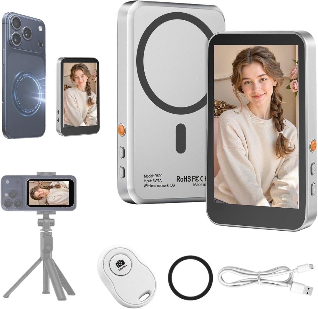 Magnetic Vlog Selfie Monitor Screen for iPhone 17 & Android, 4K Wireless Video Recording with Remote Zoom & Shoot, Content Creator Essentials Back Camera Monitor for vlogging YouTube TikTok