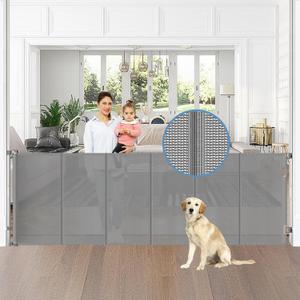 Reinforced 75 Wide Retractable Dog Gate with Support Rods, Upgrade Extra Wide Retractable Baby Gates for Doorways Long Mesh Gate for Kids and Pets Safety Child Gate for Stairs Toddler Gate (Gray)