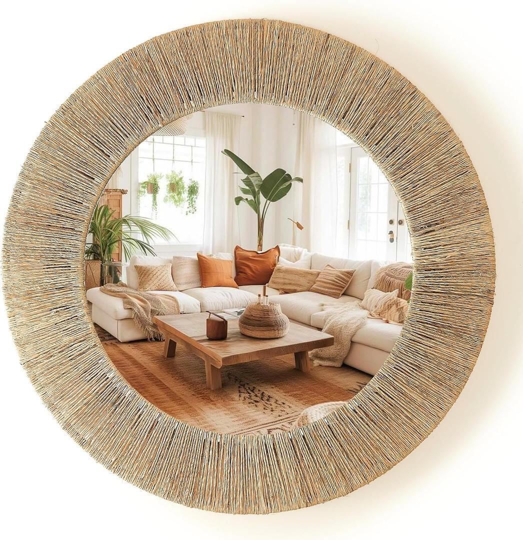 Chi An Home 24 Inch Natural Jute Mirror, Wall Mounted Round Mirror with Metal Frame, Wall Decor Rustic Farmhouse Boho Decor Accent for Bathroom, Bedroom, Living Room, or Entryway