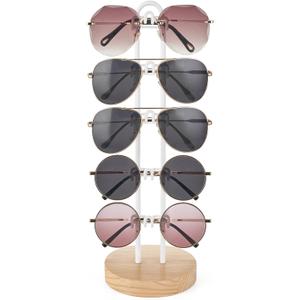Mkono Sunglasses Organizer Glasses Holder Stand Sunglass Storage Eyeglasses Rack Metal Frame with Wood Base for 5 Pairs of Eyewear Display for Table Desk Countertop Dresser Bedroom (1, Wood)