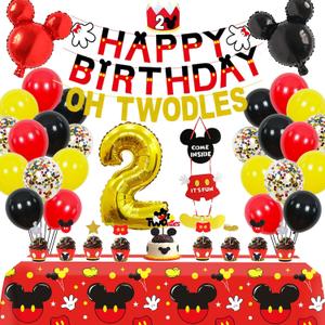 2nd Mouse Birthday Party Supplies Decorations 57Pcs - HAPPY BIRTHDAY Banner OH TWODLES Banner '2' Foil Balloon Balloons Hat Door Sign Cupcake Toppers Birthday Decorations for Boys Girls Kids Babies