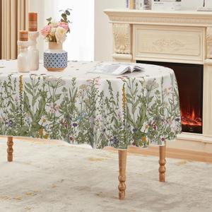 Horaldaily Spring Summer Tablecloth 60x84 Inch Oval, Wild Flowers Floral Table Cover for Party Picnic Dinner Decor (Beige)