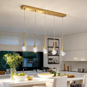 5 Lights Modern Kitchen Island Pendant Light Fixtures,Gold Jellyfish LED Globe Ball Pendant Lighting,Dimmable Raindrop Chandelier Pendant Lights for Livingroom Dining Room Bedroom, 5 Lights-Rectangular