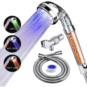 PRUGNA LED Shower Head with Hose and Shower Arm Bracket, High-Pressure Filter Handheld Shower for Repair Dry Skin and Hair Loss - Color Changes with Water Temperature