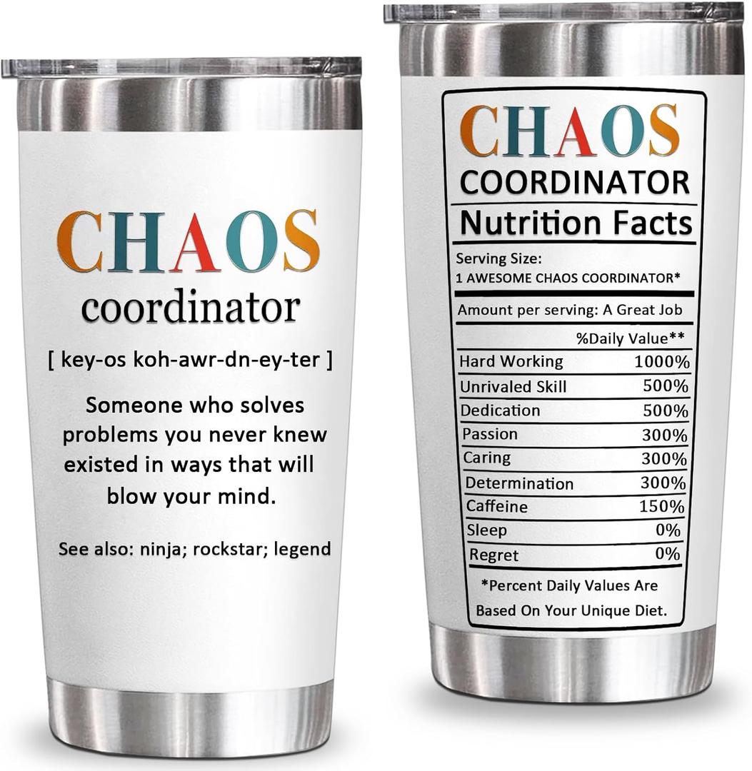 YXOTJHS Chaos Coordinator Tumbler, Chaos Coordinator Gifts for Women Boss Lady Coworker Manager Teacher Assistant Mom-Thank You Gift, Birthday Gifts for Women-20 Oz Stainless Steel Tumbler
