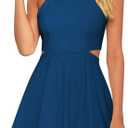BELONGSCI Women 2025 Sweet and Cute Sleeveless Racerback Flared Swing A-Line Waist Hollow Out Summer Short Dress (Dark Blue-8812), S
