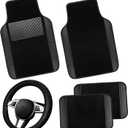 NBTEPEM Microfiber Steering Wheel Cover and Waterproof Car Floor Mats, Universal Fit Most Truck, SUV, Cars, 14.5-15inch Sporty Steering Wheel Covers with Anti-Slip Lining (Black with Black line)