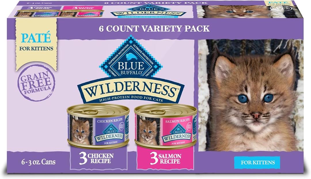 Blue Buffalo Wilderness Kitten Food, High-Protein & Grain-Free Wet Cat Food Pat Variety Pack, Chicken & Salmon Recipes, 3-oz Cans (6 Count, 3 of Each) (EXP 02/01/28)
