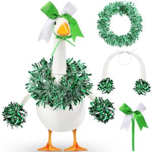 AceOrbit 3 Pcs Cheerleader Porch Goose Outfit Poseable Wings with Pom Poms Garland and Bow for 23" Lawn Cement Goose Football Classroom Garden Patio Yard Outdoor Festival Decorations(Green)