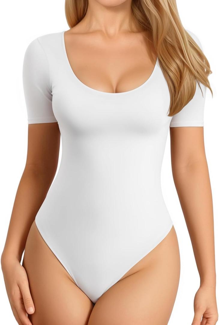 MANGOPOP Long Short Sleeve Bodysuits for Women Scoop Neck Ribbed Body Suit Stretchy Basic T Shirt Tops (Large)