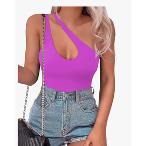 SAUNGKUAI Women's Sexy One Shoulder Sleeveless Cutout Thong Bodysuit Tank Top Body Suits V Backless Tummy Control Shapewear M