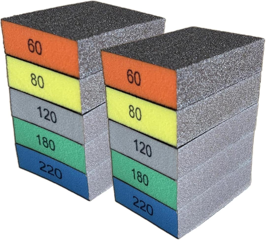 10-Pack Sanding Sponge, Five Grits Per Pack (60/80/120/180/220), Washable & Reusable Sanding Block for Wood, Drywall, Metal, and Glazing, Ergonomic Hand Sanding Tool