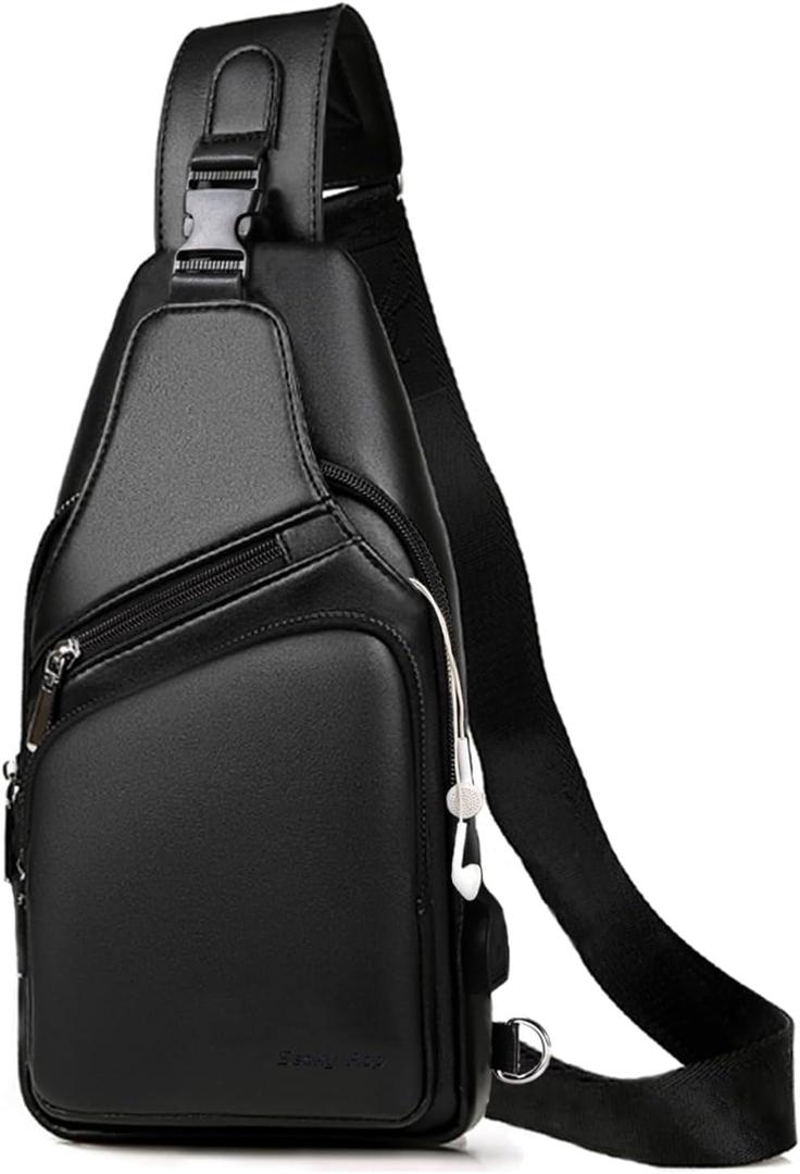 Seoky Rop Men Leather Sling Bag Purse Waterproof Crossbody Chest Bag Sling Backpack with USB Charging Port One Shoulder Bag Black