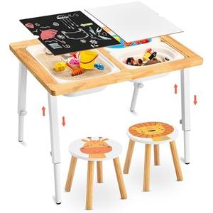 SAUCE ZHAN Sensory Table and Stools for Toddlers 1-5 Adjustable Height, Kids Table with 3 Storage Bins & Writable Lids, 2 Lion Giraffe Stickers for Chairs, Play Sand and Water for Indoor/Outdoor, Gift