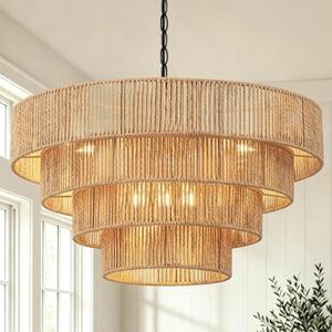 6 Light Boho Rattan Chandelier, 20" Large Farmhouse Dining Room Light Fixture, Four-Layer Hand Woven Wicker Ceiling Light Rustic Hanging Pendant Lights for Living Room Bedroom Kitchen Island, Indoor