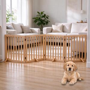 Wooden Foldable Dog Gate Freestanding 4 Panels Puppy Safety Fence-Brown