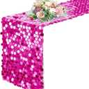 Pufogu 12 x 108 Inch Sequin Table Runner,Fuchsia Glitter Premium Big Sequin Table Runner, Rectangle Table Runners for Halloween, Christmas, Wedding Party, Birthday Party, Banquet Decor (1 Pack).