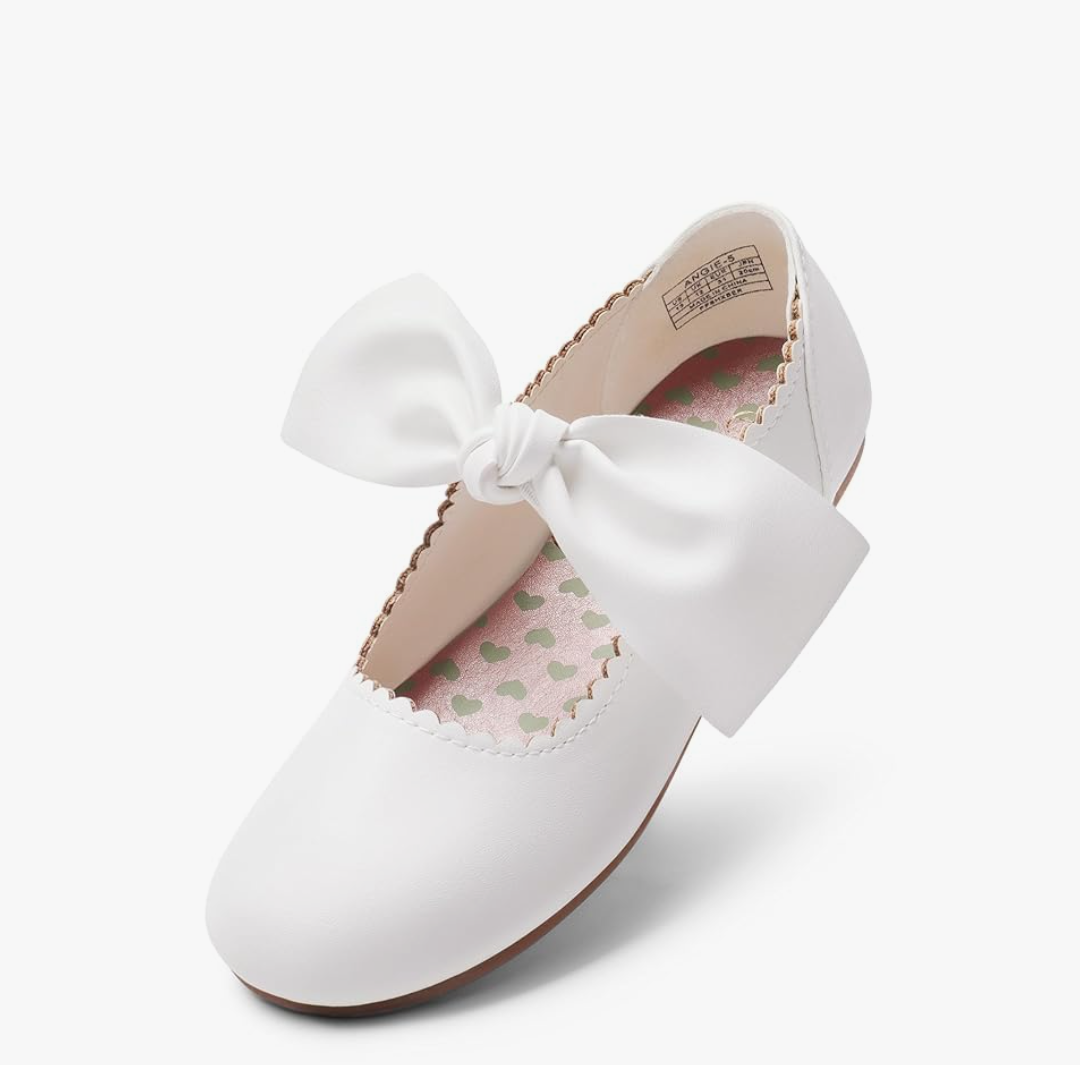 DREAM PAIRS Girls Ballerina Flats Mary Jane Front Bow Dress Shoes, White, Size 4
