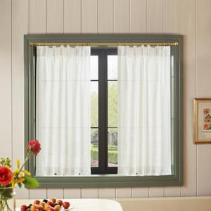 jinchan Pinch Pleated Linen Blend Curtains 45 Inch 2 Panels Light Filtering Modern Farmhouse Back Tab Drapes for Kitchen Bathroom White